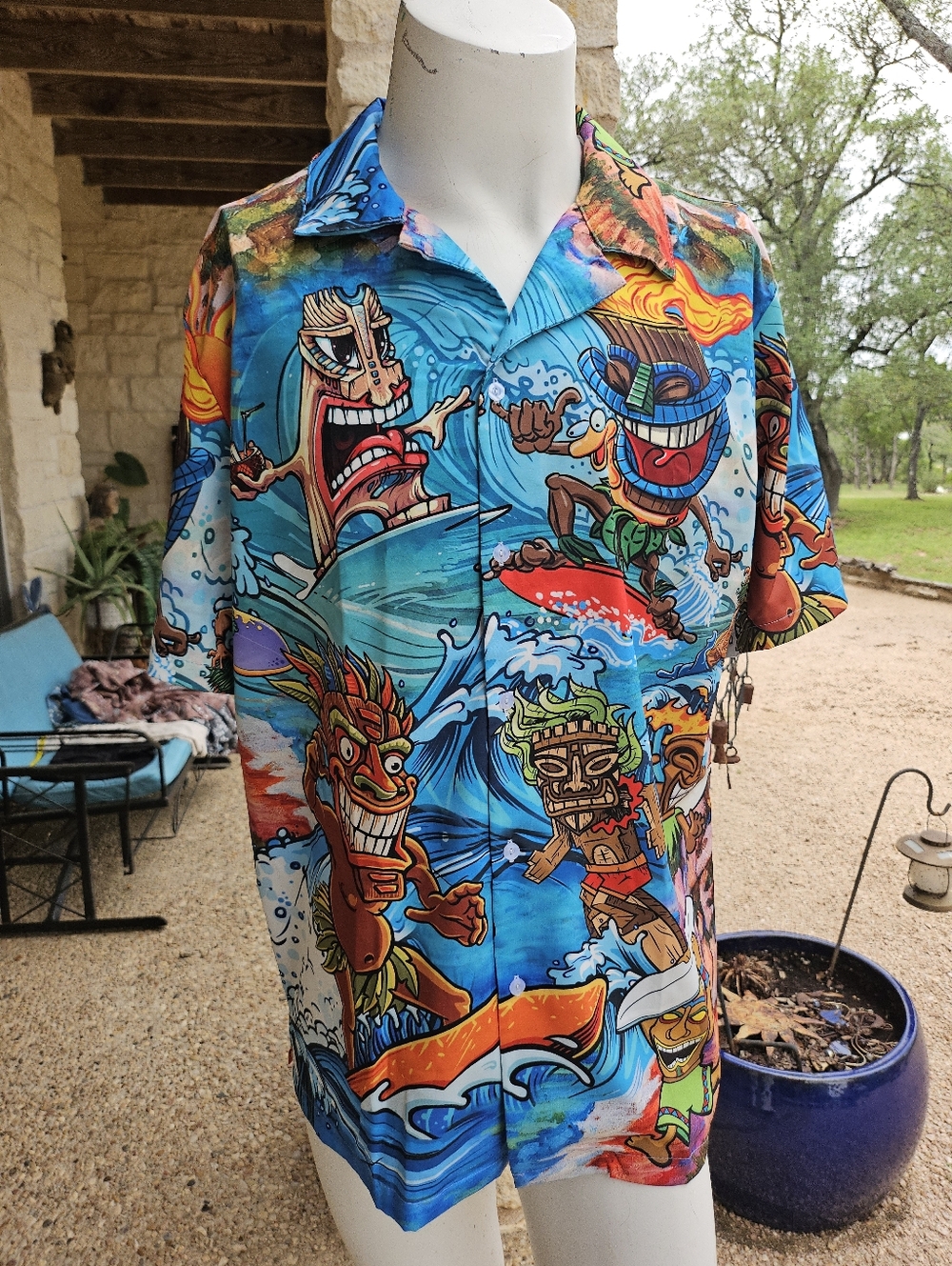 Ace Polyester Hawaiian Short Sleeve Camp Shirt Surfing Tikis Aloha Size L